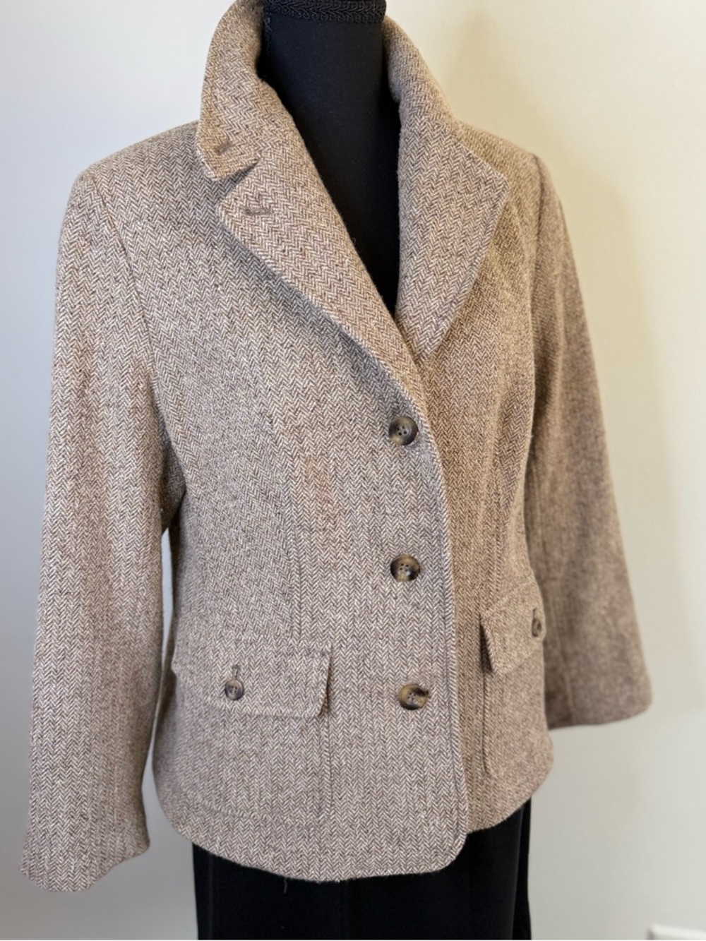 L.L.Bean Wool Silk Herringbone Tweed Blazer Women Petite M Brown Tan